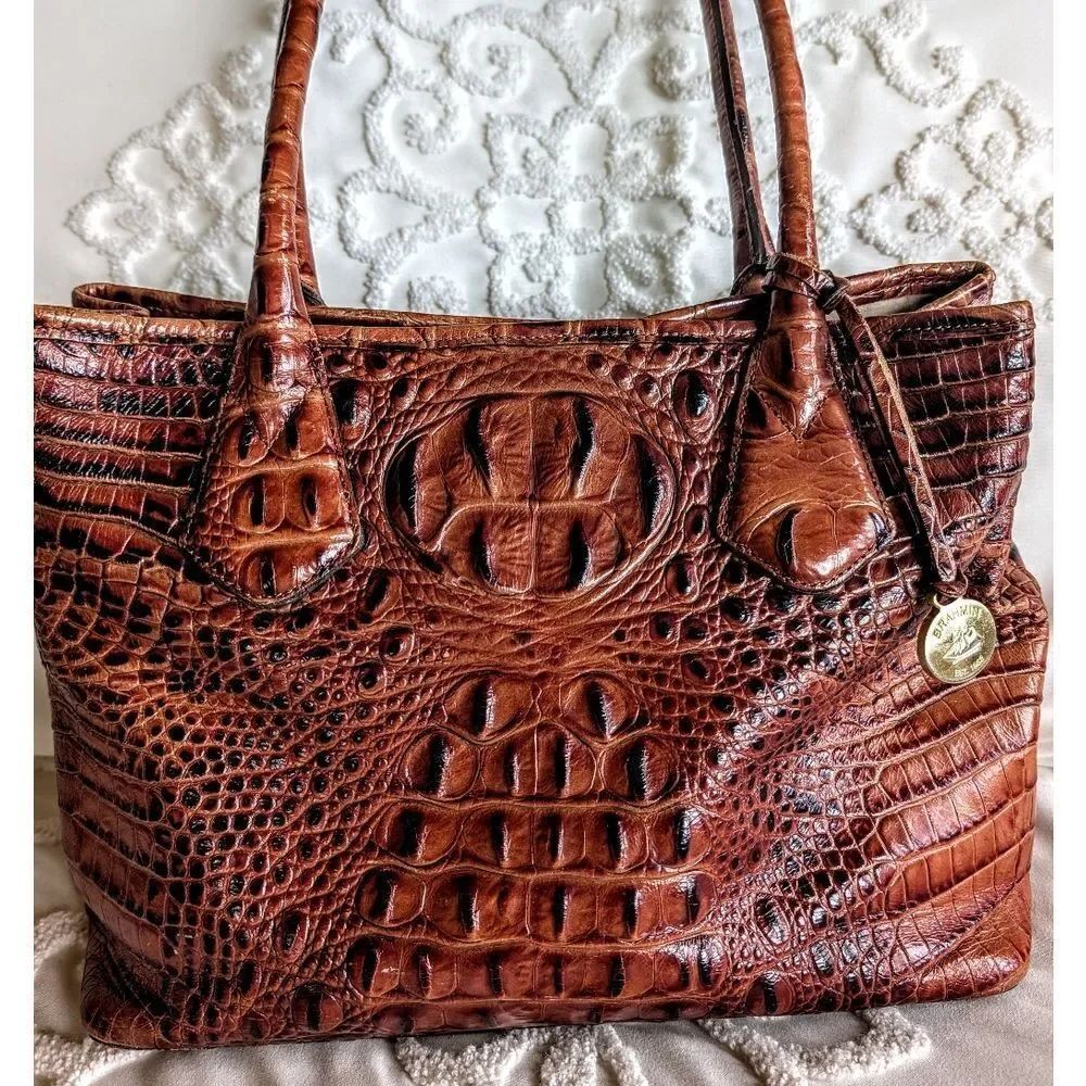 Vintage Brahmin Melbourne Anytime Brown Pecan Croc Leather Tote Shoulder Bag